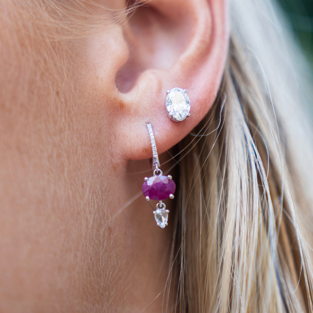 Bespoke Ruby and Rosecut Diamond Earrings in 14k White Gold