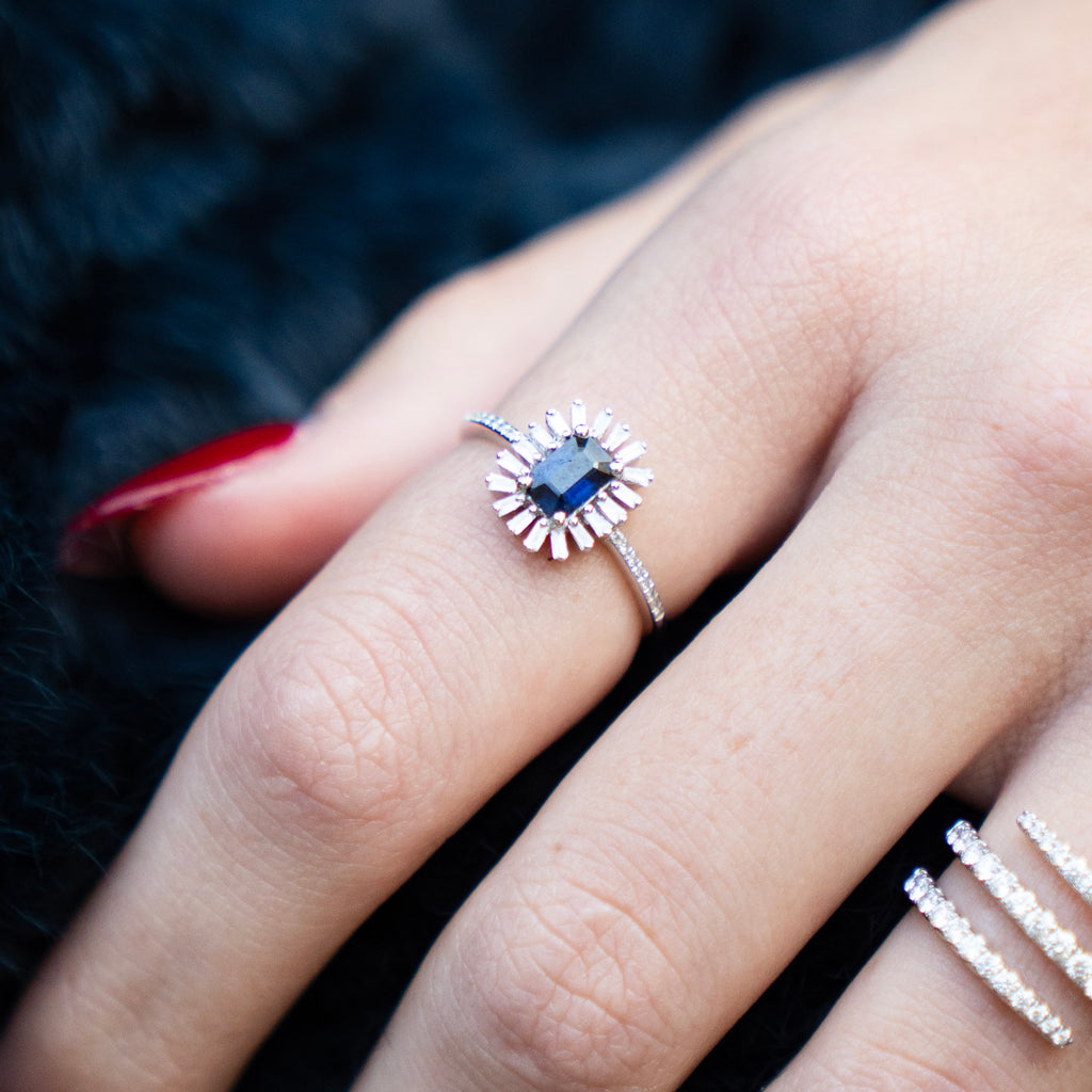 Blue Sapphire and Diamond Baguette Ring