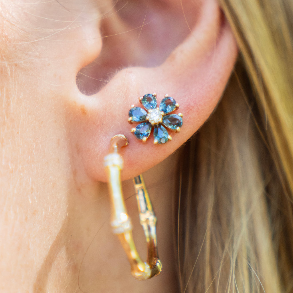 Blue-Green Sapphire and Diamond Floral Stud Earrings in 14k Yellow Gold