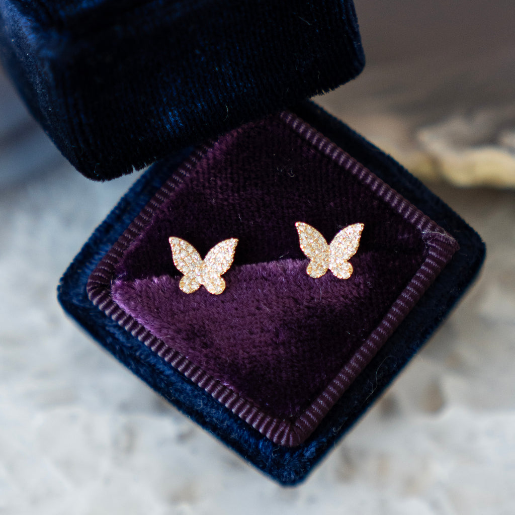 14k Yellow Gold and Diamond Pave Butterfly Studs