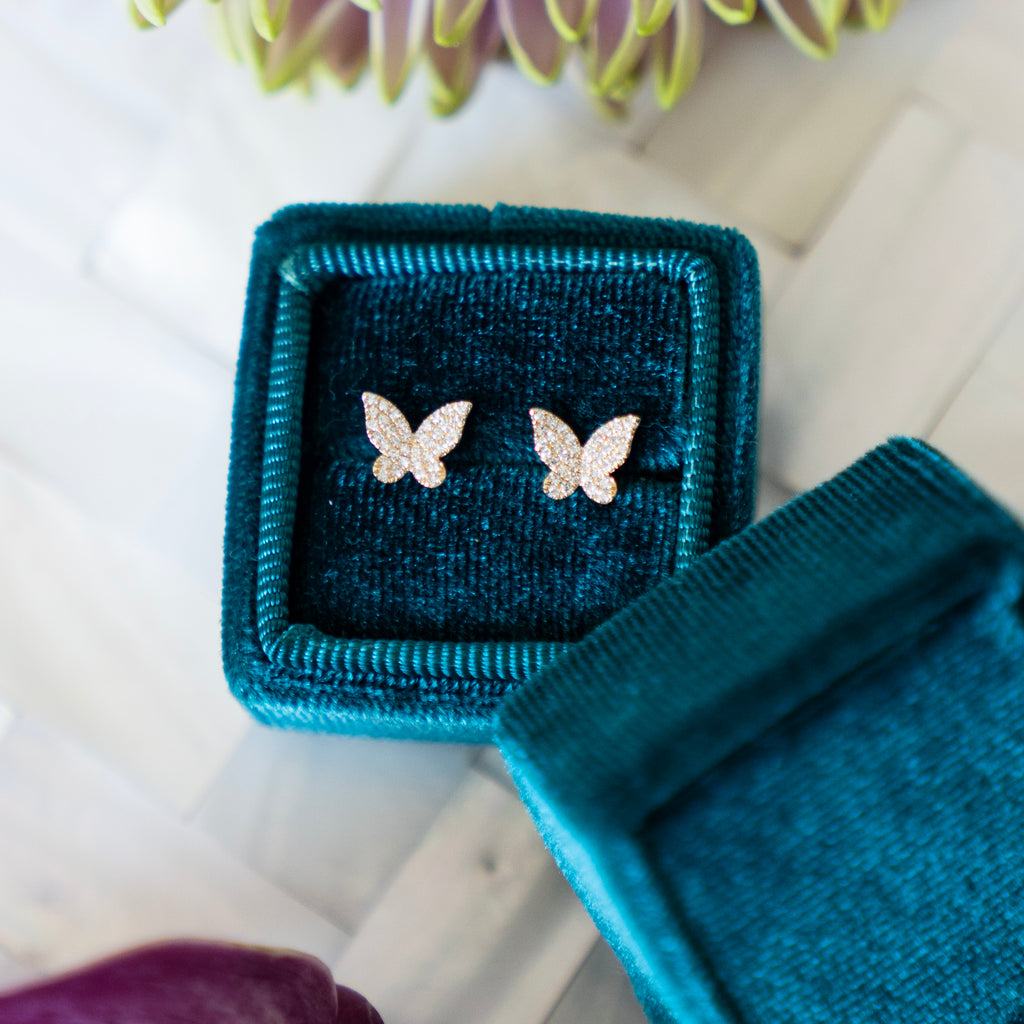 14k Yellow Gold and Diamond Pave Butterfly Studs