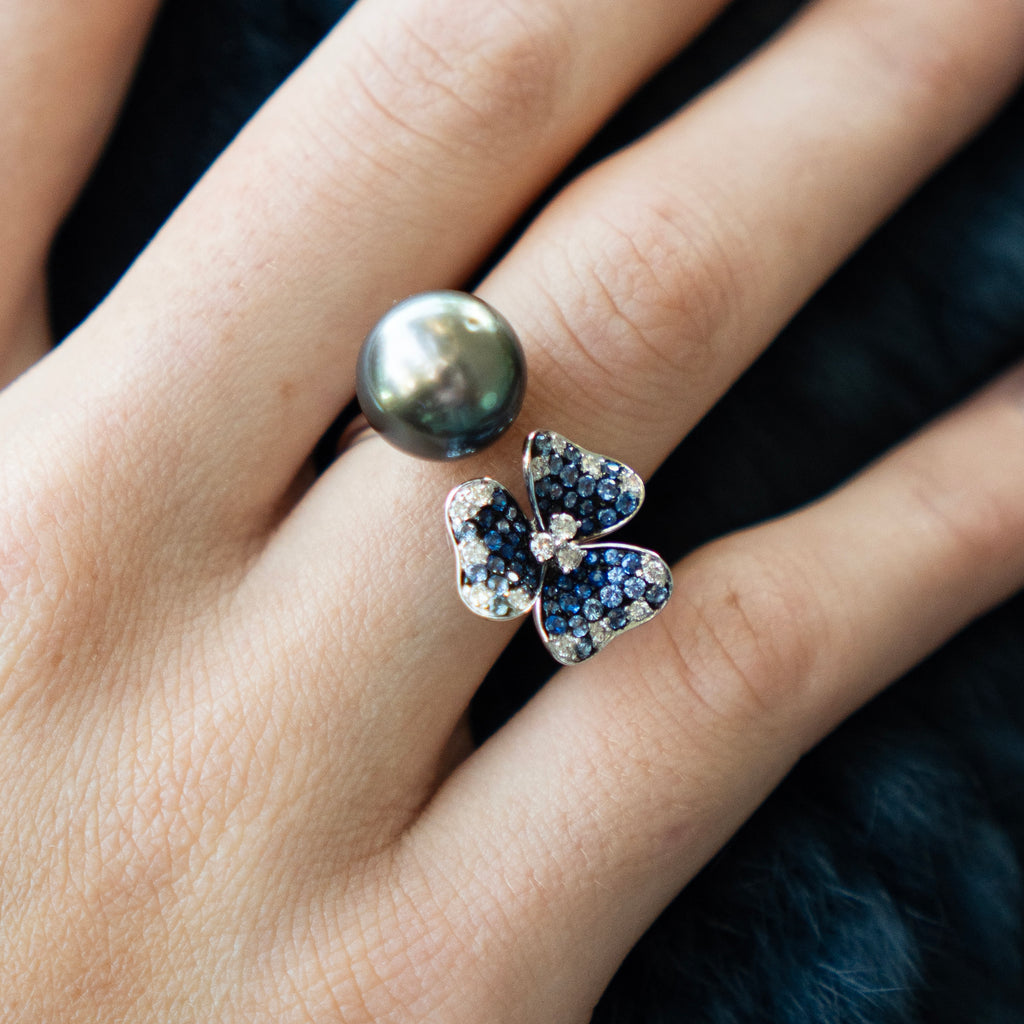 Bespoke South Sea Pearl and Diamond Sapphire Floral Ring