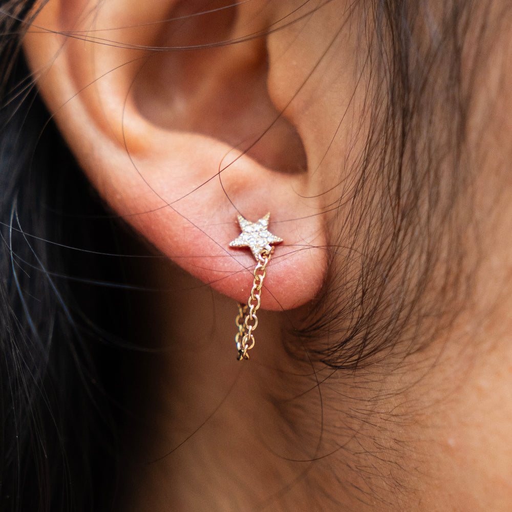 Diamond Star Chain Stud Earrings in 14k Yellow Gold