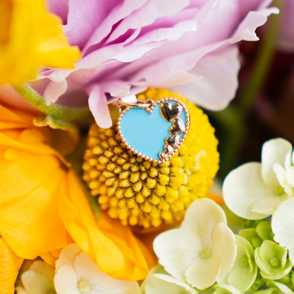Heart Shaped Turquoise Charm/Pendant in 14k Beaded Yellow Gold