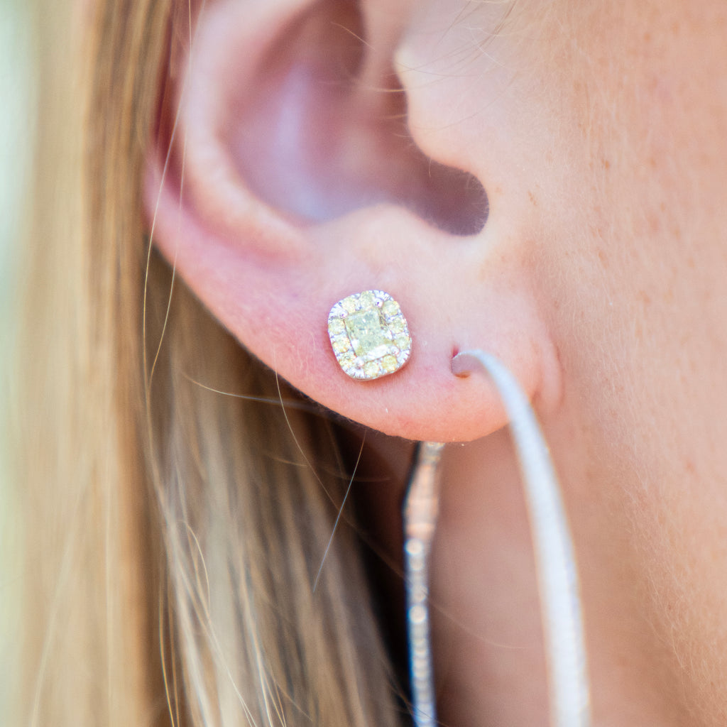 Bespoke Natural Cushion Cut Yellow Diamond Earrings with Yellow Diamond Halo