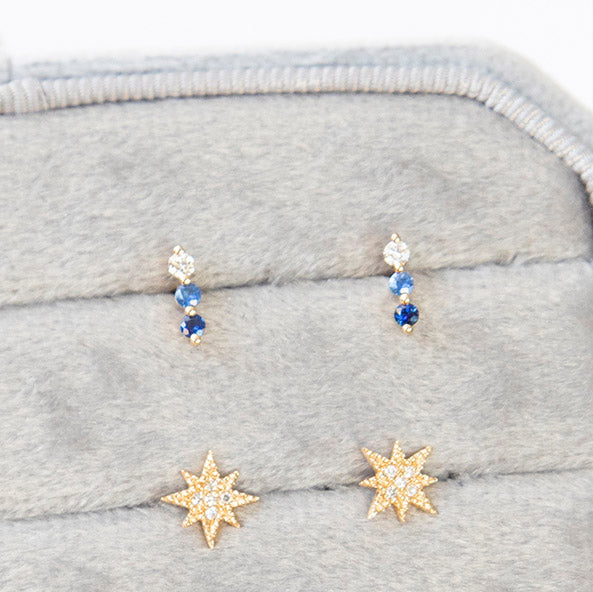 Ombre Blue Sapphire and Diamond  Bar Stud Earrings