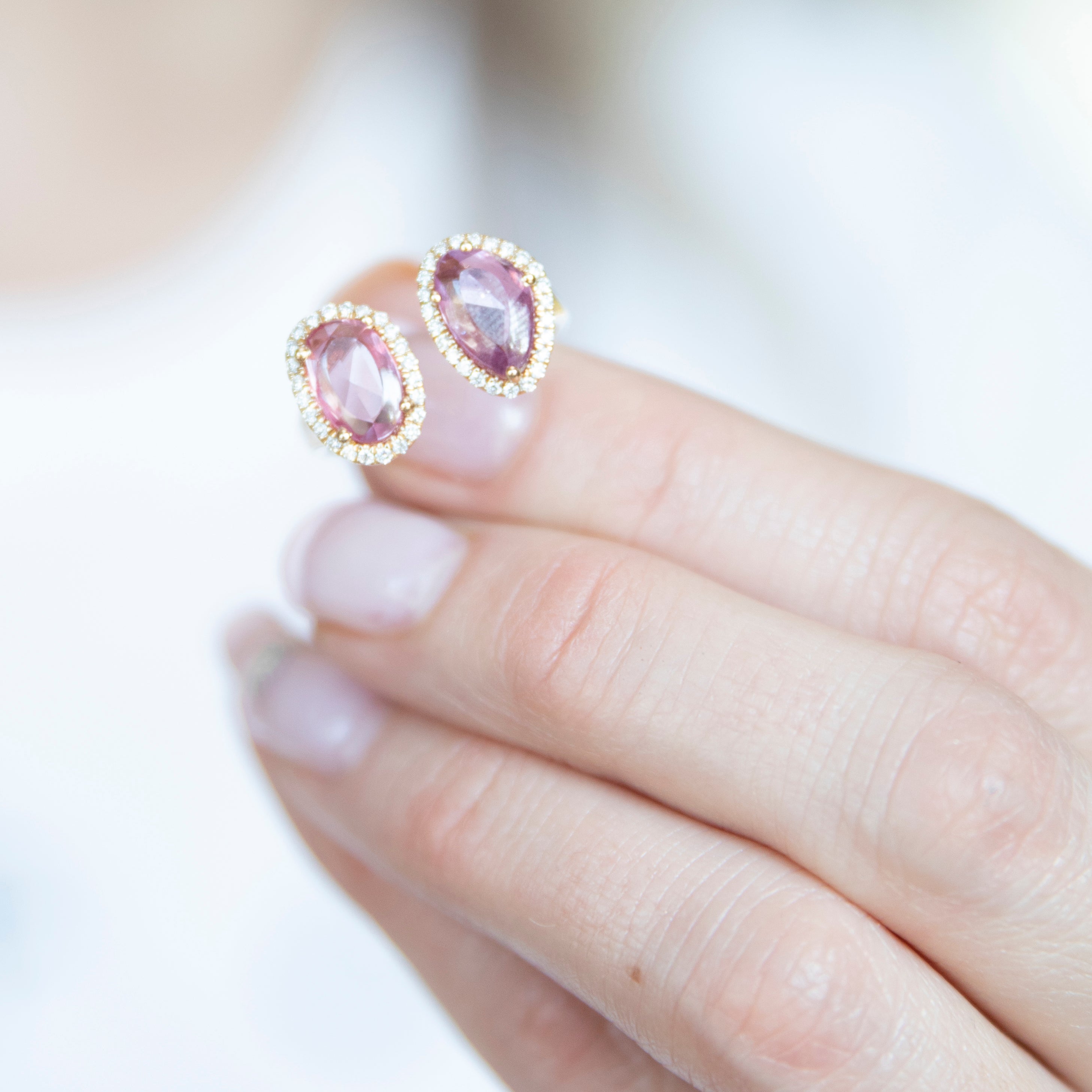 Modern Rose cut Pink Sapphire Diamond Halo Duo Ring - Amber Erin